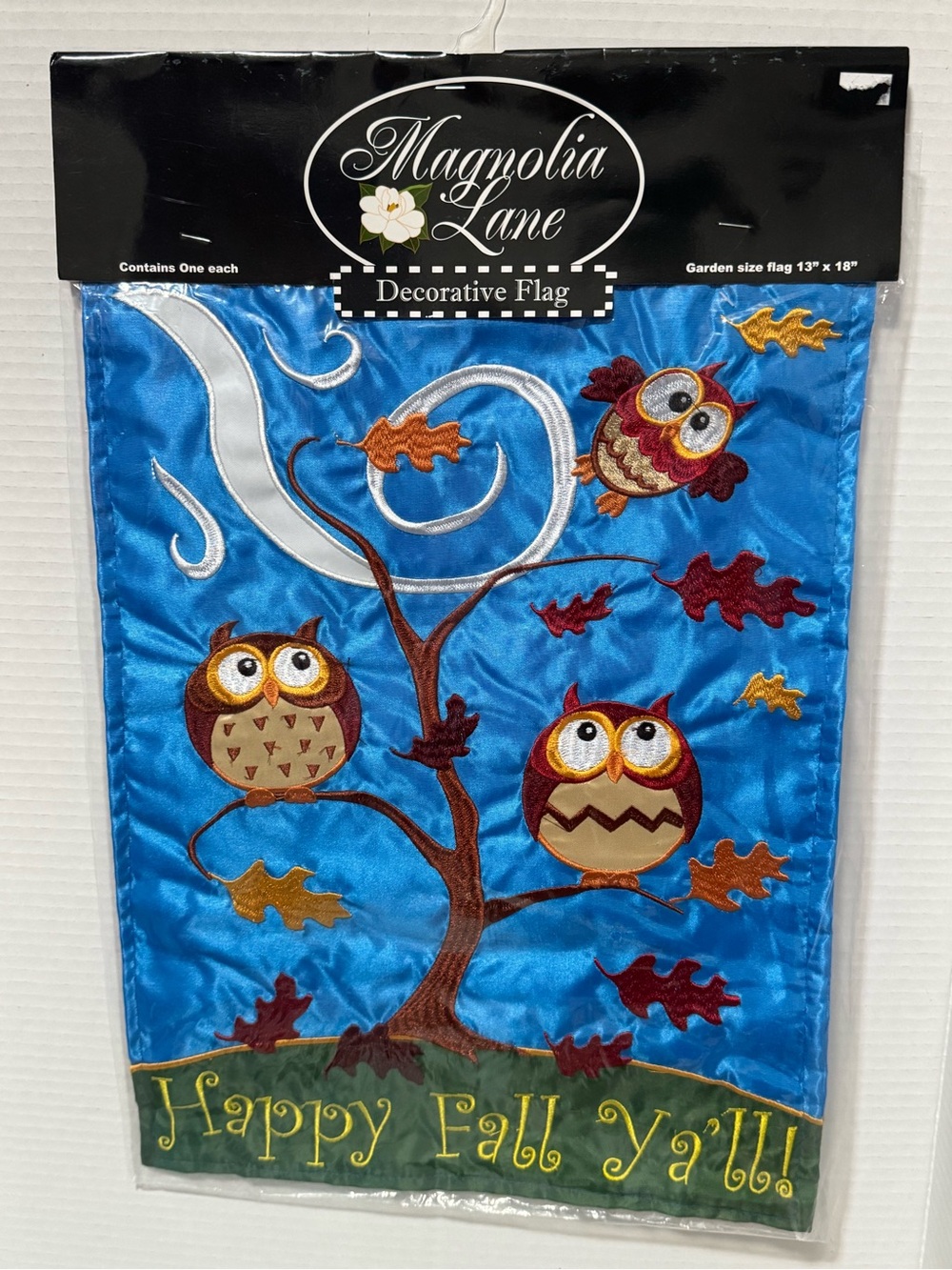 Magnolia Lane Happy Fall Y’all Owls Embroidered Blue Garden Flag New
